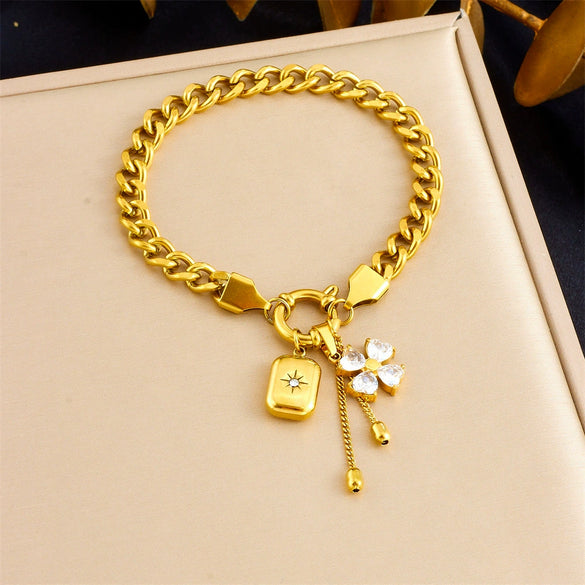 Fashion Sweet And Cool Stainless Steel Jewelry Set With Diamondencrusted Flower Star Square Pendant Tassel Chain And Electroplating Design