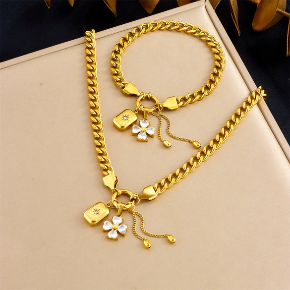 Fashion Sweet And Cool Stainless Steel Jewelry Set With Diamondencrusted Flower Star Square Pendant Tassel Chain And Electroplating Design