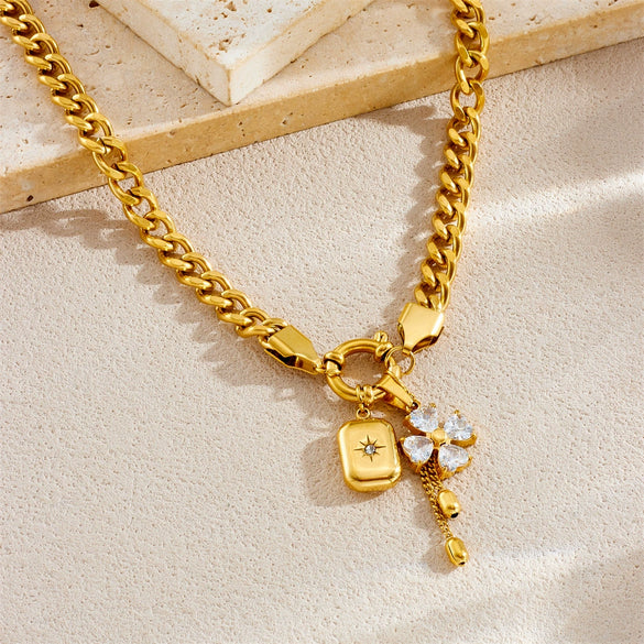 Fashion Sweet And Cool Stainless Steel Jewelry Set With Diamondencrusted Flower Star Square Pendant Tassel Chain And Electroplating Design