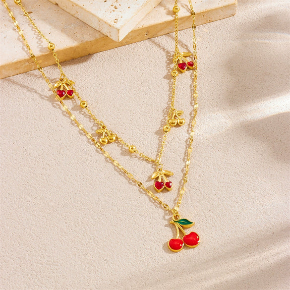 Fashion Sweet Fruit Pattern Stainless Steel Goldplated Pendant Necklace With Water Wave Chain
