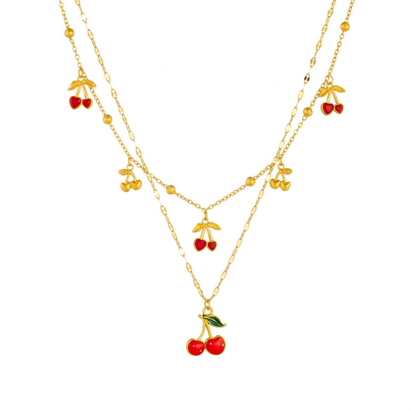 Fashion Sweet Fruit Pattern Stainless Steel Goldplated Pendant Necklace With Water Wave Chain