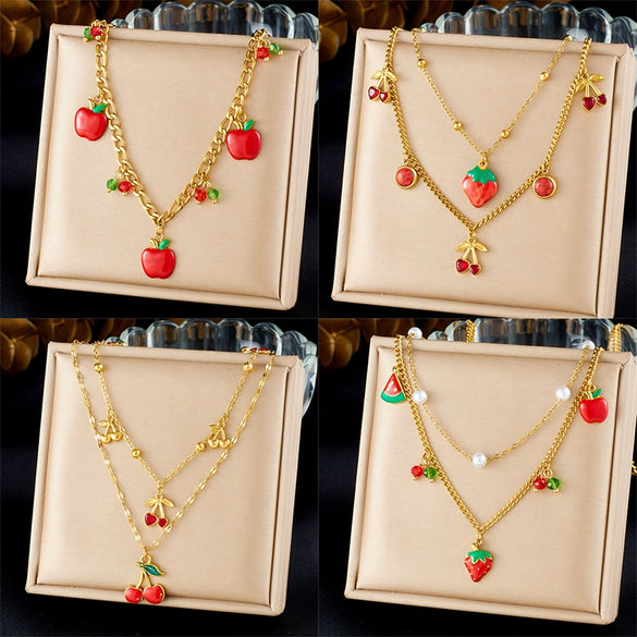 Fashion Sweet Fruit Style Stainless Steel Pendant Necklace With Electroplating And Three Dimensional Design