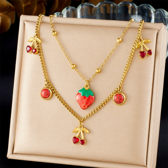 Fashion Sweet Fruit Style Stainless Steel Pendant Necklace With Electroplating And Three Dimensional Design