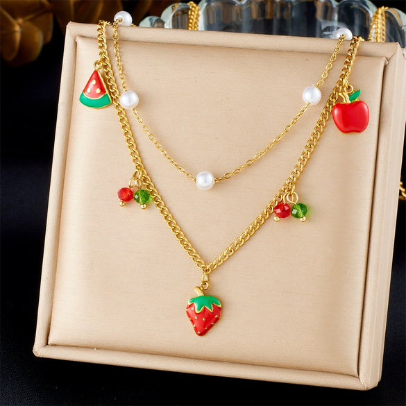 Fashion Sweet Fruit Style Stainless Steel Pendant Necklace With Electroplating And Three Dimensional Design