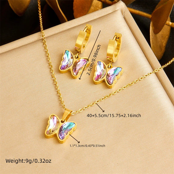 Fashion Sweet Girl Stainless Steel Jewelry Set With Gradient Butterfly Rhinestone Pendant Electroplated Include Earrings And Necklace