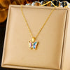 Fashion Sweet Girl Stainless Steel Jewelry Set With Gradient Butterfly Rhinestone Pendant Electroplated Include Earrings And Necklace