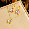 Fashion Sweet Girl Stainless Steel Jewelry Set With Gradient Butterfly Rhinestone Pendant Electroplated Include Earrings And Necklace