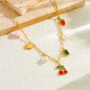 Fashion Sweet Glue Cherry And Strawberry Pearl Pendant Necklace For Women Stainless Steel Electroplating Fruit Pattern Clavicle Chain