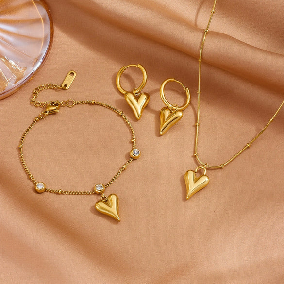 Fashion Sweet Titanium Steel Round Beads Heart Pendant Earrings Bracelet Necklace Set With Heart Water Drop Bell Patterns