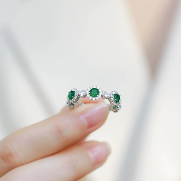 Fashion Synthetic Emerald Ring S925 Silver Retro Geometric Style