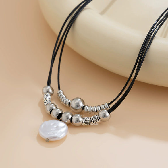 Fashion Temperament Alien Imitation Pearl Pendant Necklace Geometric Handmade Wax Thread