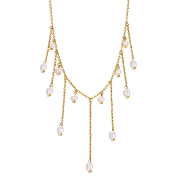 Fashion Temperament Antique Jewelry Stainless Steel Plated Imitation Pearl Tassel Necklace Geometric Shape Electroplated