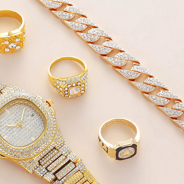 Fashion Temperament Leisure Suit Gift Box For Female With Diamondencrusted Calendar Disc Watch Bracelet And Ring Alloy Case Stainless Steel Strap Round Dial Ordinary Glass Mirror