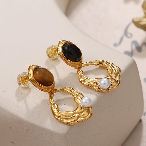 Fashion Tiger's Eye 316L Stainless Steel Electroplated Women's Earrings