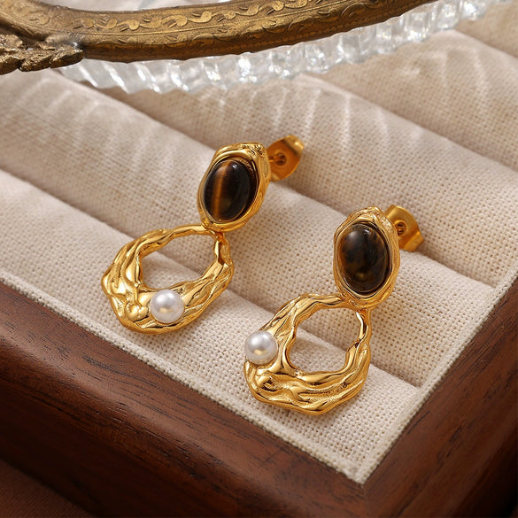 Fashion Tiger's Eye 316L Stainless Steel Electroplated Women's Earrings