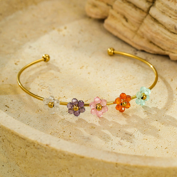 Fashion Titanium Steel And Stainless Steel Flower And Cross Bracelet With Electroplating Treatment And Zircon Inlay