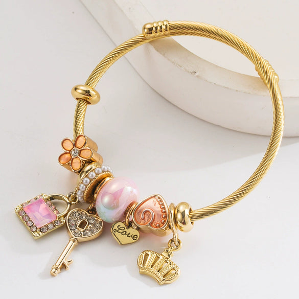 Fashion Titanium Steel Bracelet For Women With Crystal Beaded Key Crown Love Pendant And Diamonds