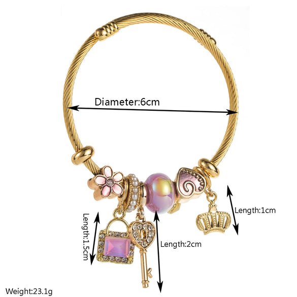 Fashion Titanium Steel Bracelet For Women With Crystal Beaded Key Crown Love Pendant And Diamonds