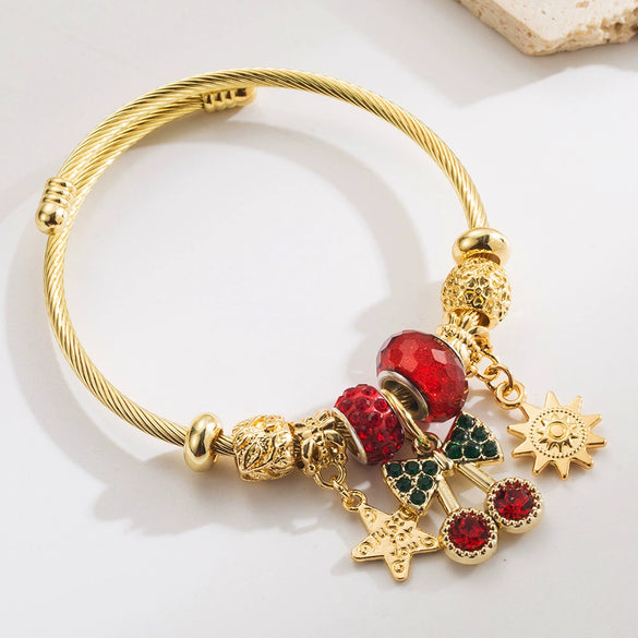 Fashion Titanium Steel Bracelet With Crystal Beaded Cherry Owl Star Sun Diamond Pendant Sweet Fruit Food Style Unisex Set With Diamonds