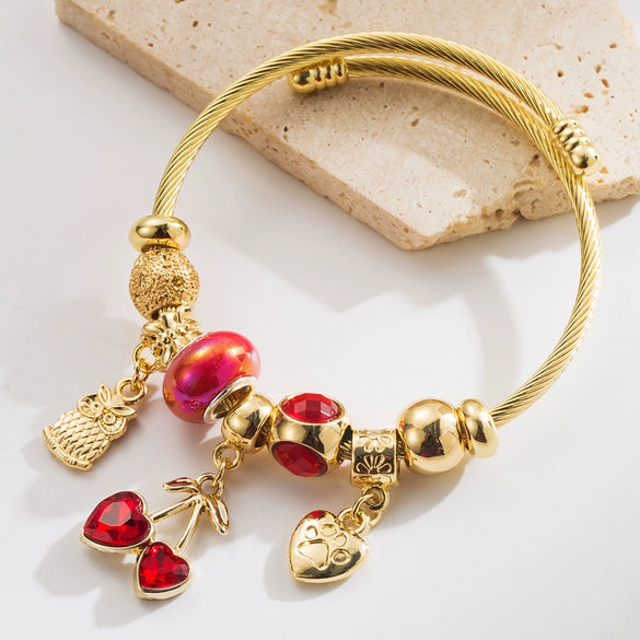 Fashion Titanium Steel Bracelet With Crystal Beaded Cherry Owl Star Sun Diamond Pendant Sweet Fruit Food Style Unisex Set With Diamonds