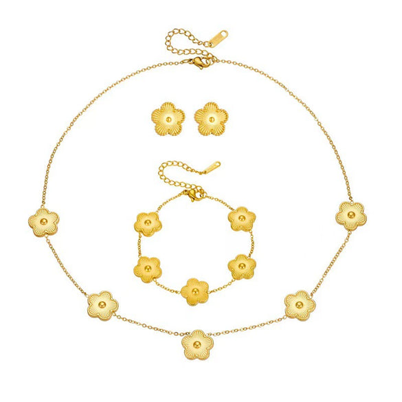 Fashion Titanium Steel Five Leaf Clover Electroplated Jewelry Set Necklace Bracelet