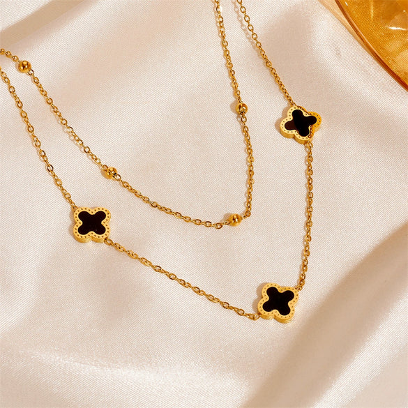 Fashion Titanium Steel Four Leaf Clover Double Layer Women's Bracelet Necklace Suit With Plant Flower Pattern