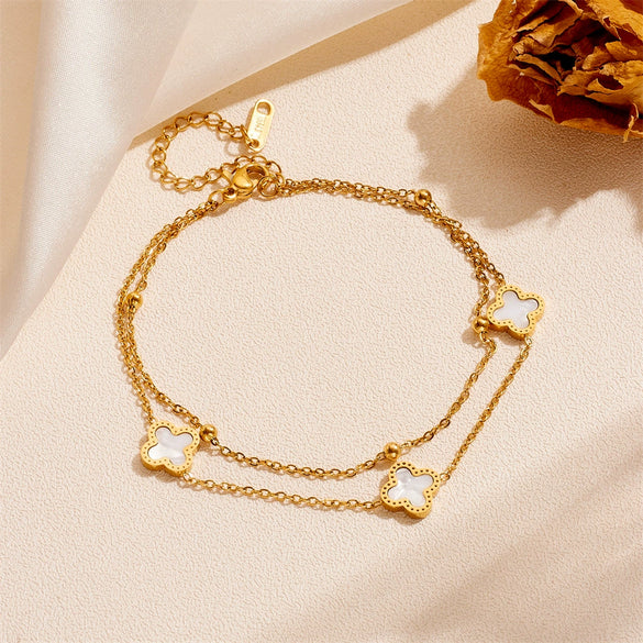 Fashion Titanium Steel Four Leaf Clover Double Layer Women's Bracelet Necklace Suit With Plant Flower Pattern