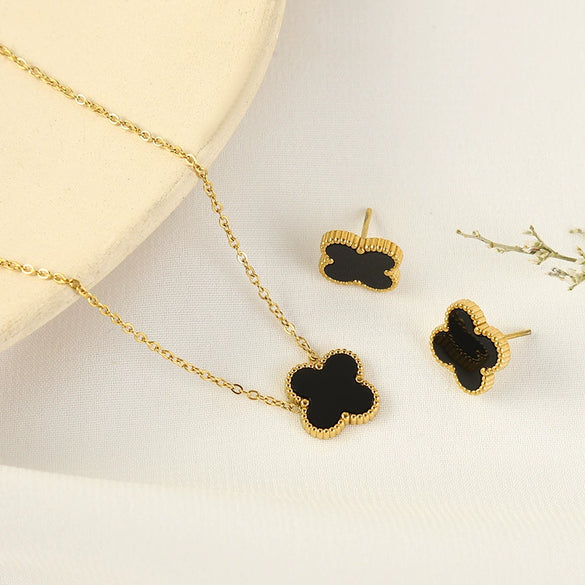 Fashion Titanium Steel Fourleaf Clover Necklace And Earrings Set With Furnace Vacuum Plating