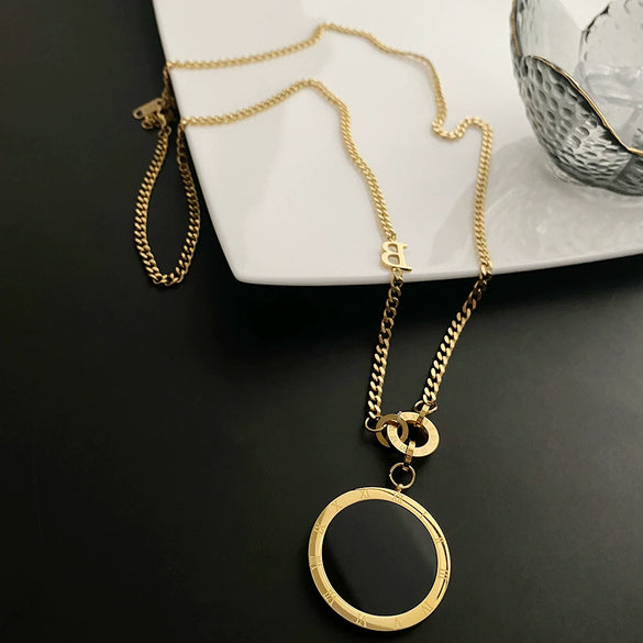 Fashion Titanium Steel Geometric Plaid Water Wave Chain Long Round Necklace Unisex Accessories