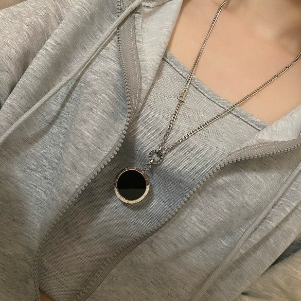 Fashion Titanium Steel Geometric Plaid Water Wave Chain Long Round Necklace Unisex Accessories