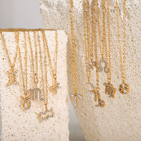 Fashion 316L Stainless Steel Twelve Constellation Geometric Rhinestone Inlaid Necklace Accessories