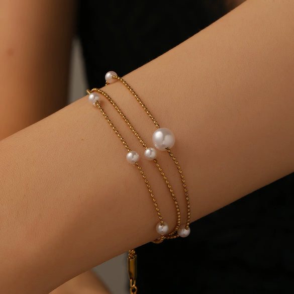 Fashion Titanium Steel Women's Bracelet With Nine Pearl Threelayer Design Cartoon Plant Flowers Electroplated