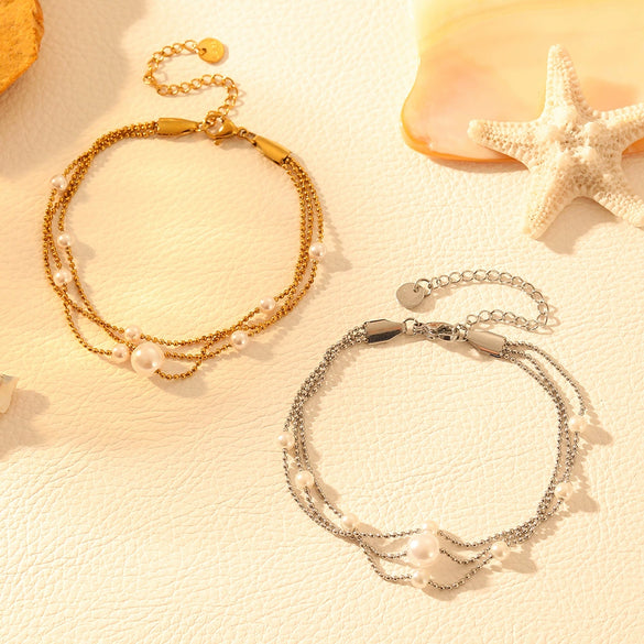 Fashion Titanium Steel Women's Bracelet With Nine Pearl Threelayer Design Cartoon Plant Flowers Electroplated