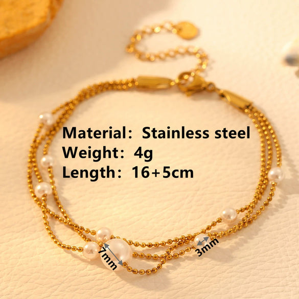 Fashion Titanium Steel Women's Bracelet With Nine Pearl Threelayer Design Cartoon Plant Flowers Electroplated