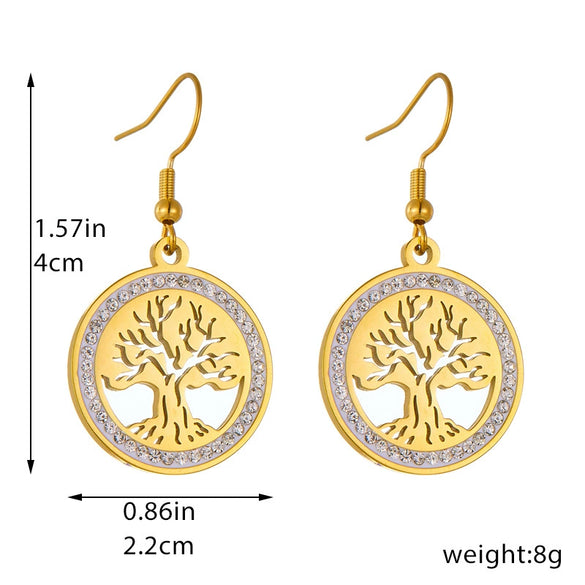 Fashion Tree Of Life Pendant Stainless Steel Jewelry Earrings Gold Plated