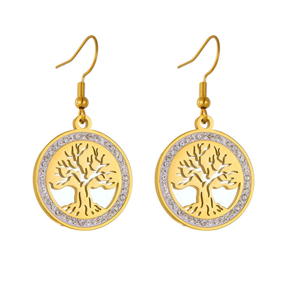 Fashion Tree Of Life Pendant Stainless Steel Jewelry Earrings Gold Plated
