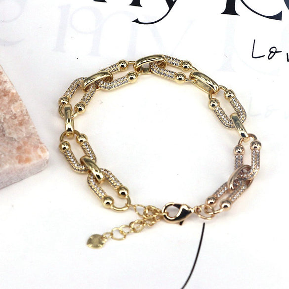 Fashion Trend Allmatch Gold Plated Zirconia Geometric Ring Stitching Bracelet Jewelry For Women