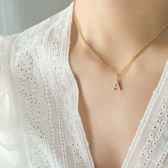 Fashion Trend Diamond Pendant Necklace With 26 Letters For Women Titanium Steel Gold Plated Electroplated Mixed Gemstone Setting
