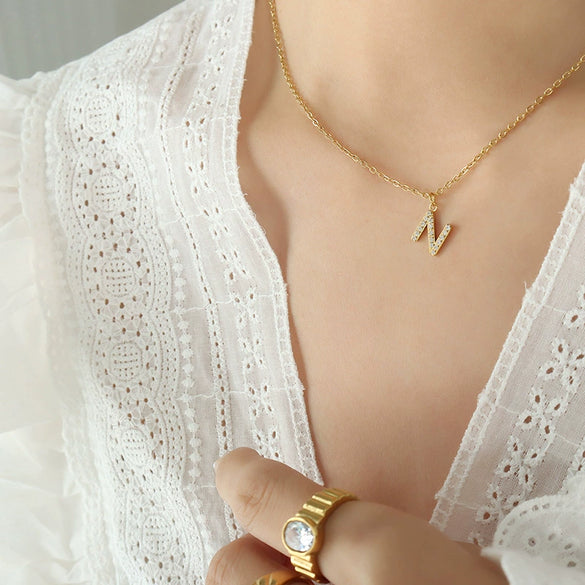 Fashion Trend Diamond Pendant Necklace With 26 Letters For Women Titanium Steel Gold Plated Electroplated Mixed Gemstone Setting