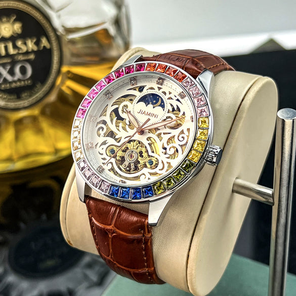Fashion Trend Diamondstudded Automatic Mechanical Skeleton Watch For Men With Round Dial Genuine Leather Strap Stainless Steel Buckle And Alloy Case Mineral Reinforced Glass Mirror