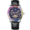 Fashion Trend Diamondstudded Automatic Mechanical Skeleton Watch For Men With Round Dial Genuine Leather Strap Stainless Steel Buckle And Alloy Case Mineral Reinforced Glass Mirror