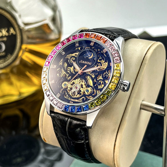 Fashion Trend Diamondstudded Automatic Mechanical Skeleton Watch For Men With Round Dial Genuine Leather Strap Stainless Steel Buckle And Alloy Case Mineral Reinforced Glass Mirror