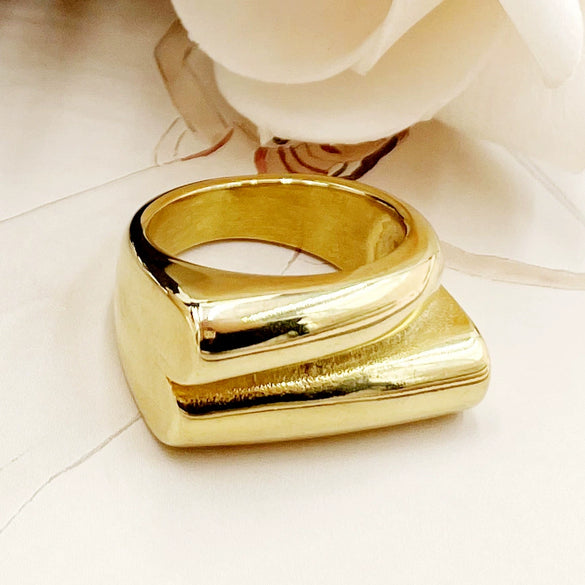 Fashion Trend Exaggerated Double Layer Stone Ring Stainless Steel Gold Plated Geometric Style For Women