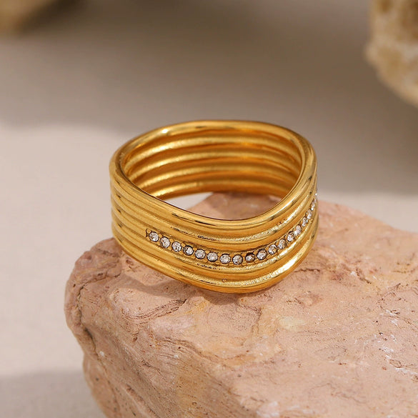 Fashion Trend Ring Stainless Steel 18K Gold Plated Multilayer Twisted Geometric Design