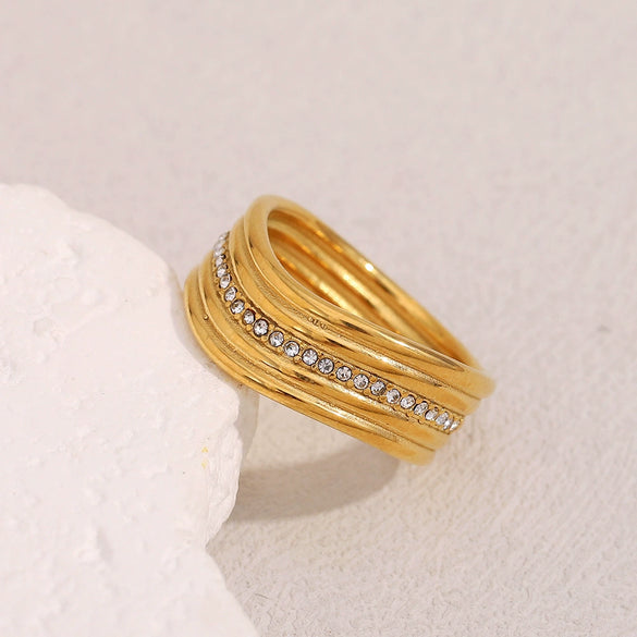 Fashion Trend Ring Stainless Steel 18K Gold Plated Multilayer Twisted Geometric Design