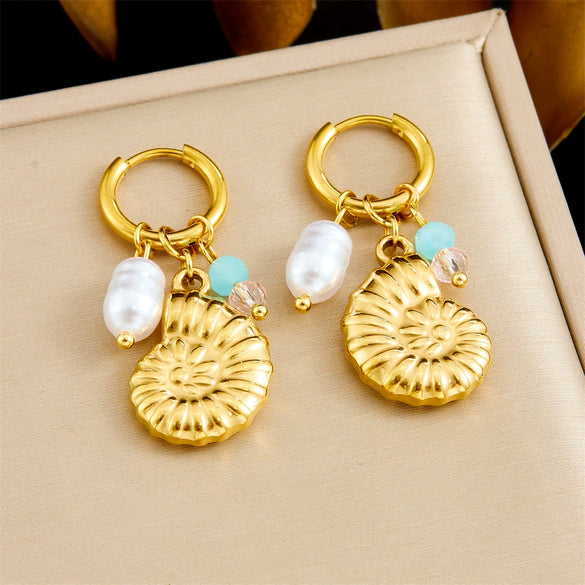 Fashion Trendy Conch Shell Stainless Steel Fruit Butterfly Pendant Earrings With Electroplating