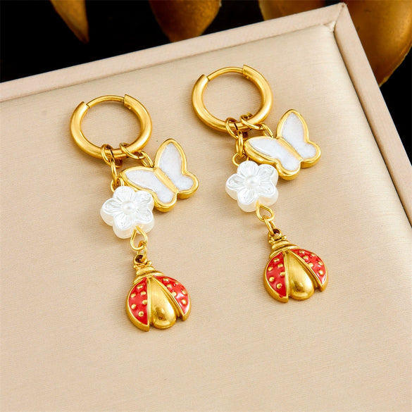Fashion Trendy Conch Shell Stainless Steel Fruit Butterfly Pendant Earrings With Electroplating