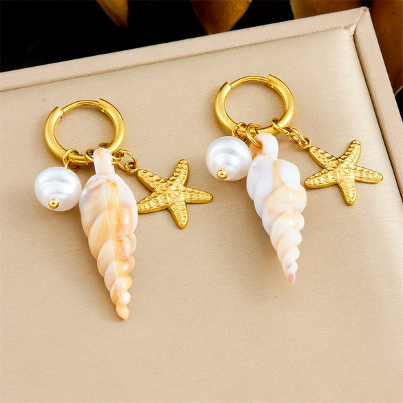 Fashion Trendy Conch Shell Stainless Steel Fruit Butterfly Pendant Earrings With Electroplating