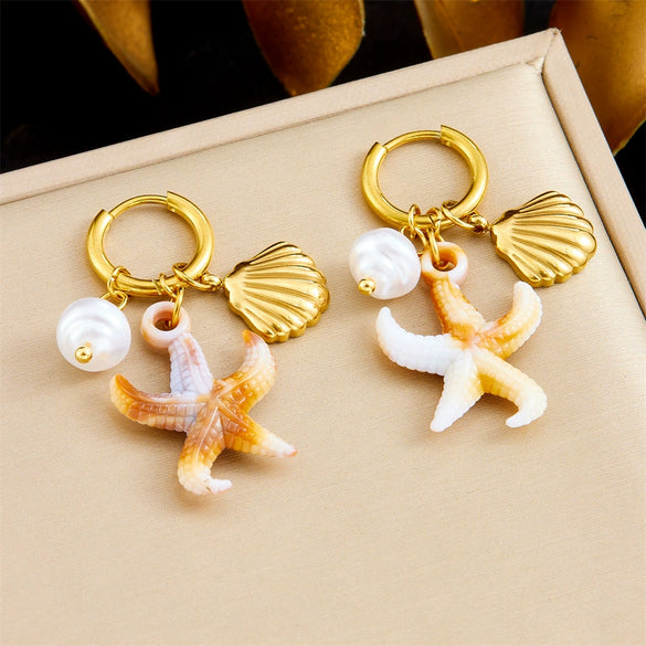 Fashion Trendy Conch Shell Stainless Steel Fruit Butterfly Pendant Earrings With Electroplating