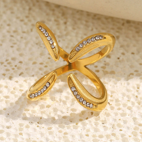Fashion Trendy Niche Design Hand Jewelry Stainless Steel 18K Gold Plated Fourclaw Open Ring Geometric Pattern Electroplated
